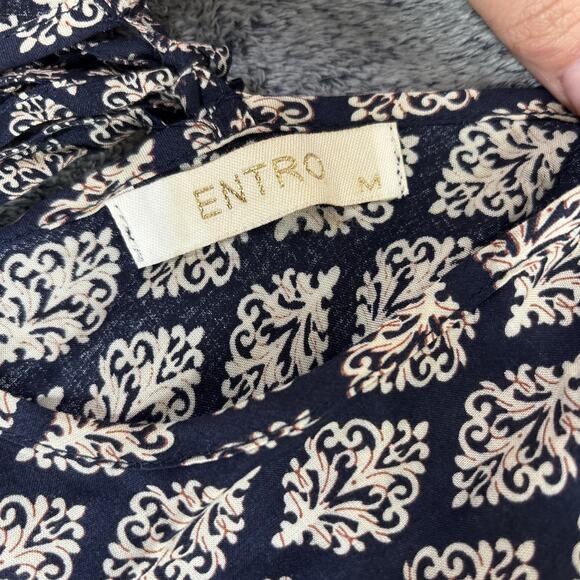 Entro Lace Boho Navy Ivory PInk Bell Sleeve Blouse Top Medium - Picture 6 of 8